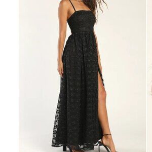 Lulus- Pursuing Elegance Black Floral Embroidered Lace-Up Maxi Dress NWT
